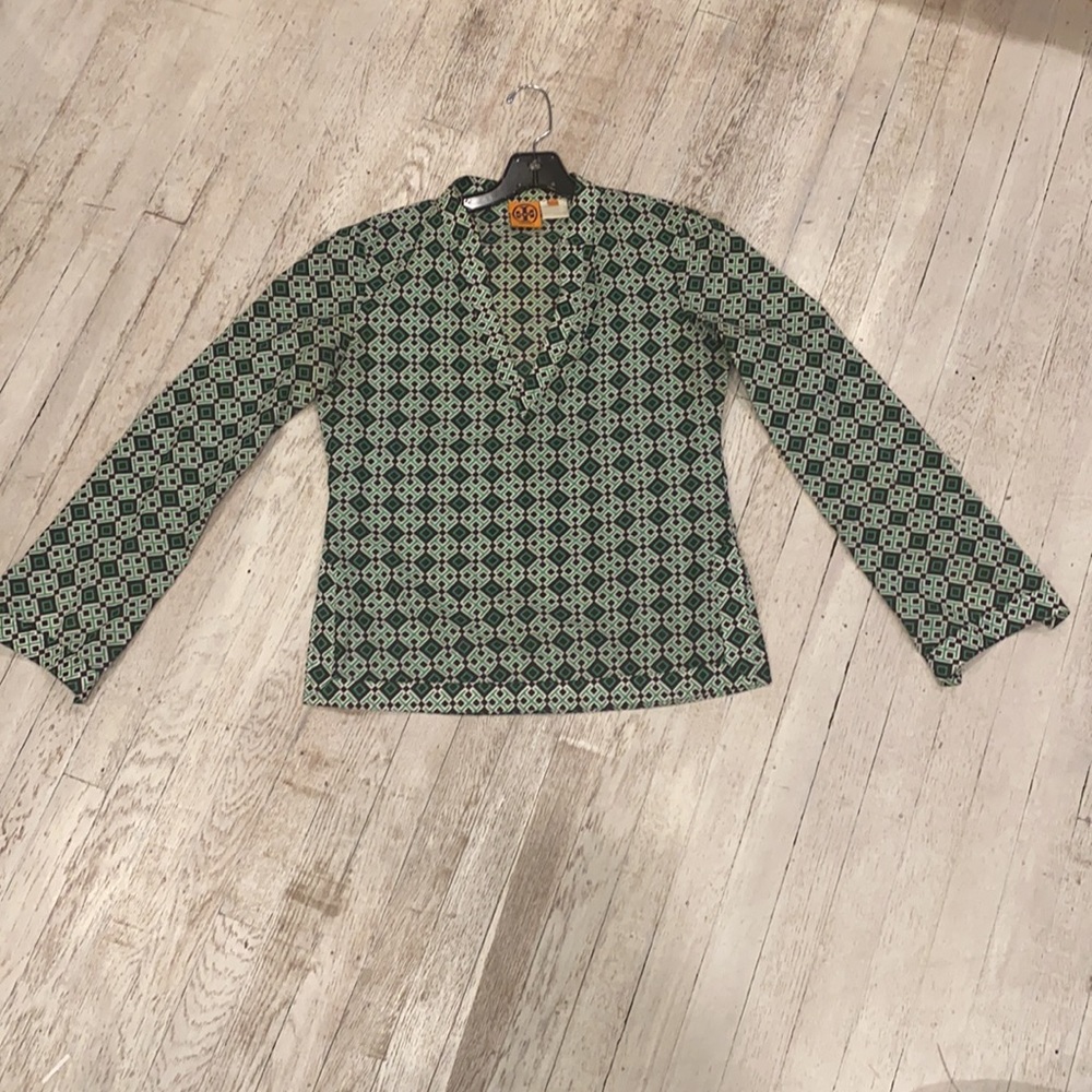 Tory Burch crop tunic logo print blouse side slit  size 6 GC - Picture 9 of 16